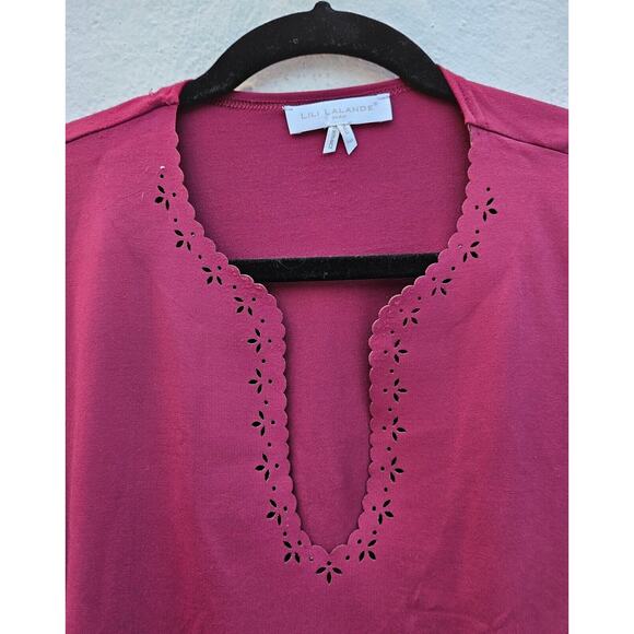 Vintage Y2K 90s Top Womens Size Medium Red Raspberry Thick Stretchy Eyelet Shirt - Picture 3 of 10